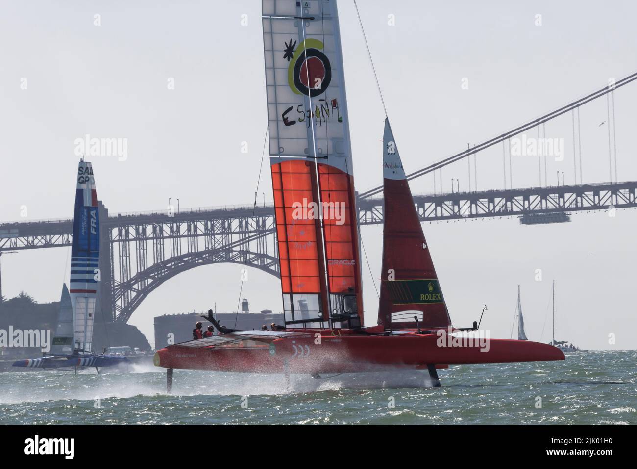 Team Spain's F50 catamaran on the waters of San Francisco Bay during the 2022 SailGP races. Stock Photo