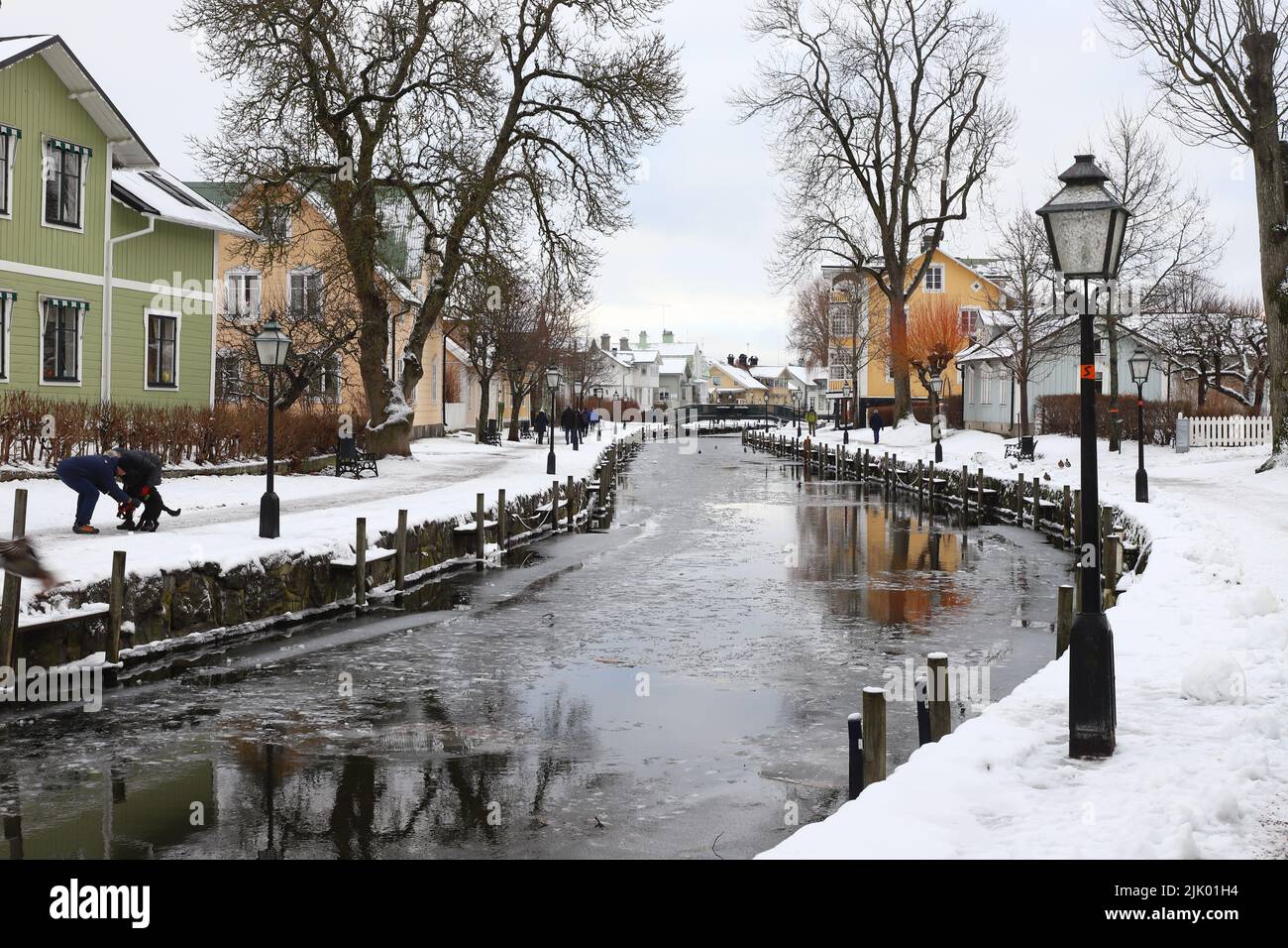 Trosa, Sweden - January 9, 2022: View of the winding trosa river through the town. Stock Photo
