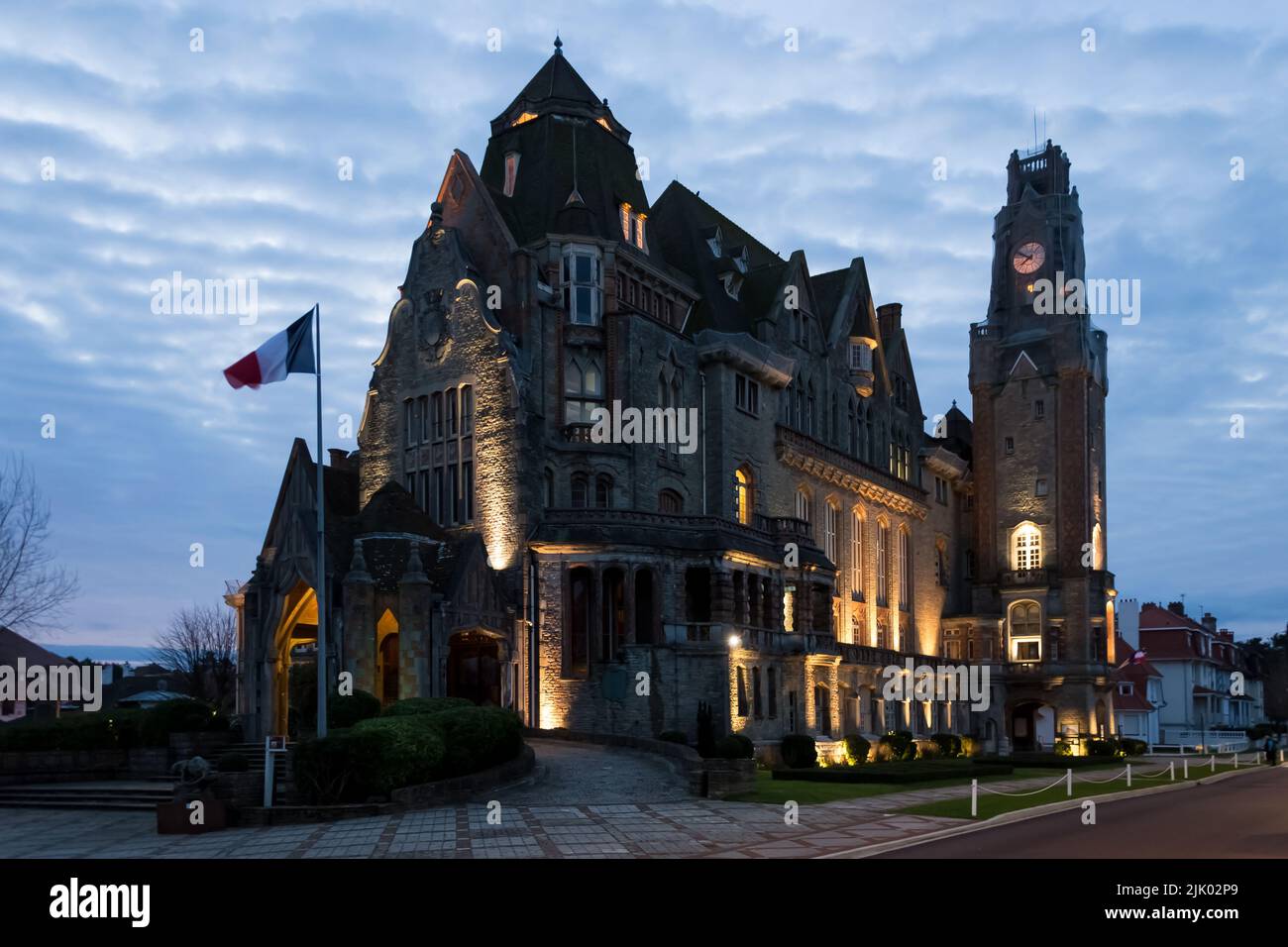 Architectural detail of the City Hall of Le Touquet-Paris-Plage, a commune in northern France on the shoreline of the English Channel Stock Photo