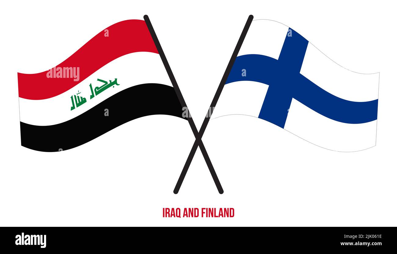 Iraq and Finland Flags Crossed And Waving Flat Style. Official Proportion. Correct Colors. Stock Photo