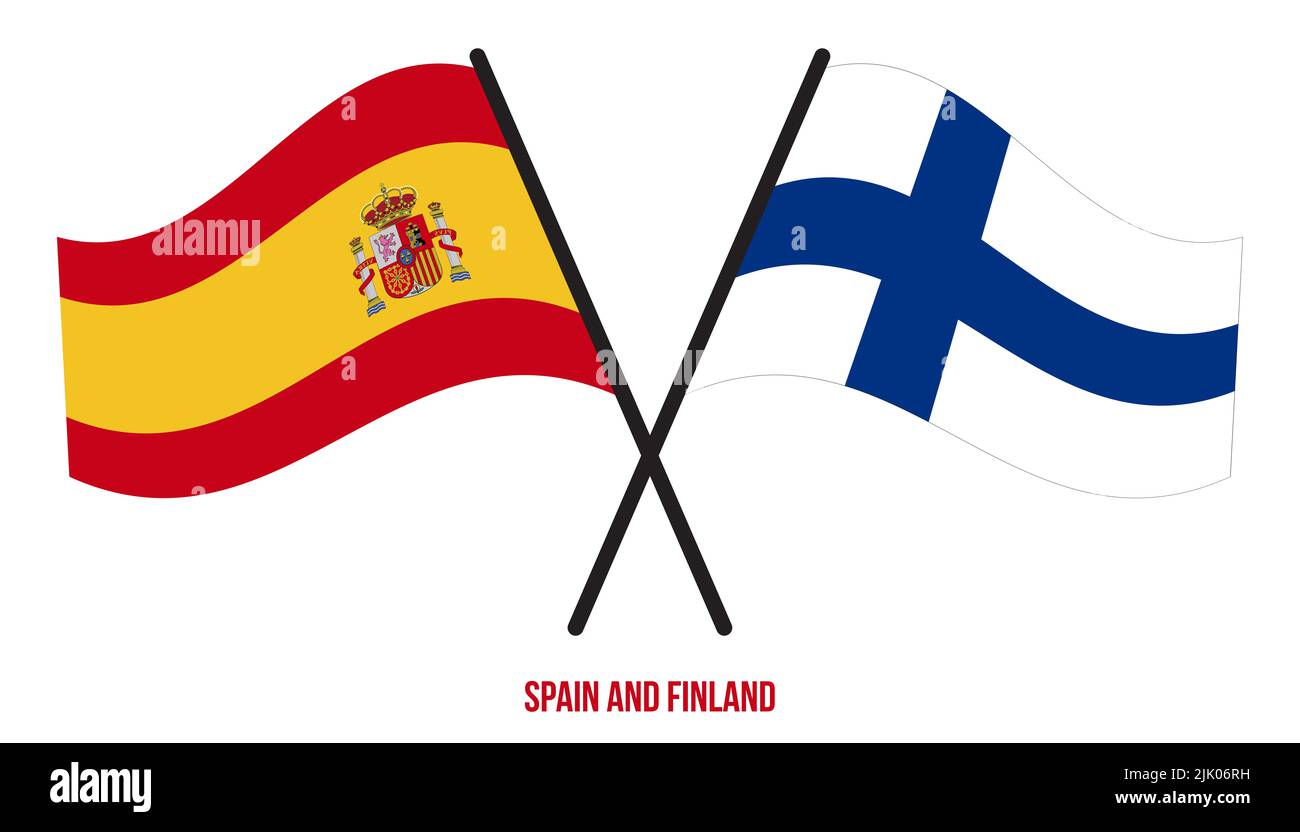 Spain and Finland Flags Crossed And Waving Flat Style. Official