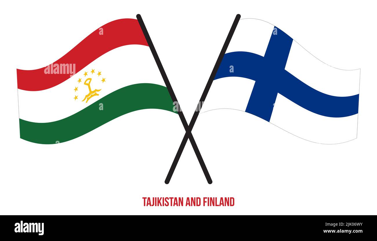 Tajikistan and Finland Flags Crossed And Waving Flat Style. Official Proportion. Correct Colors. Stock Photo