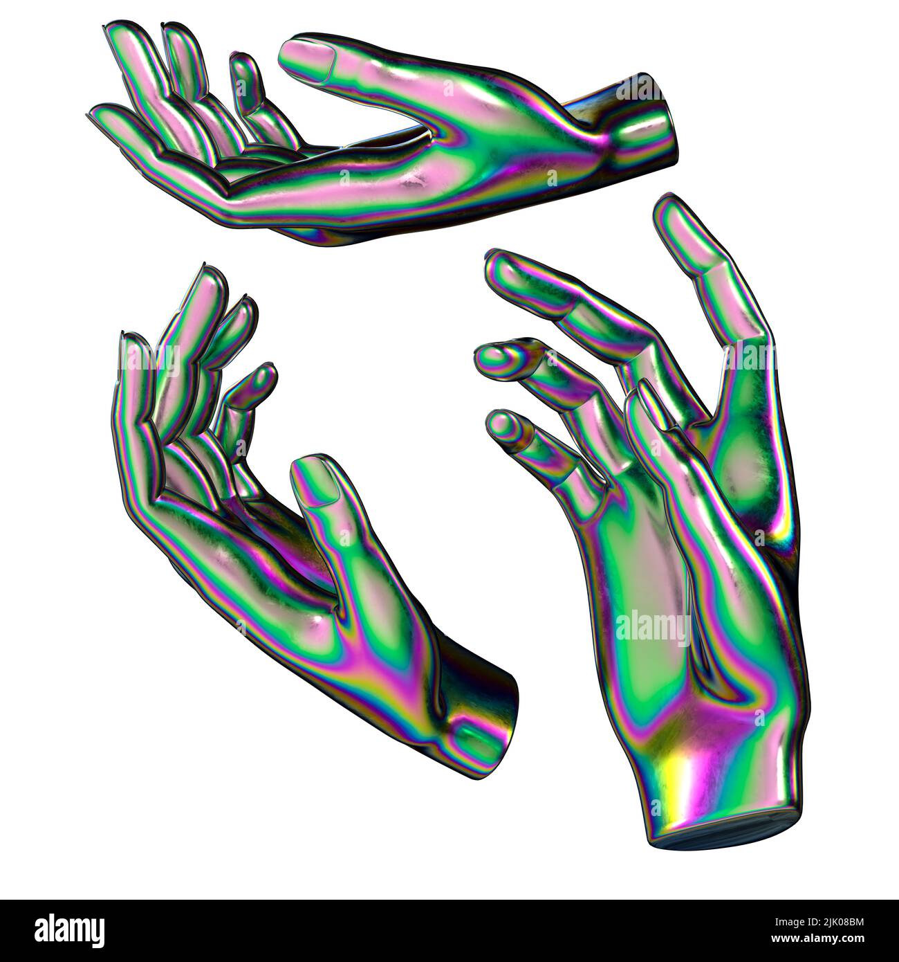 metallic iridescent futuristic hands in different poses with psychedelic colors - 3D illustration of human hands sculpture statue Stock Photo