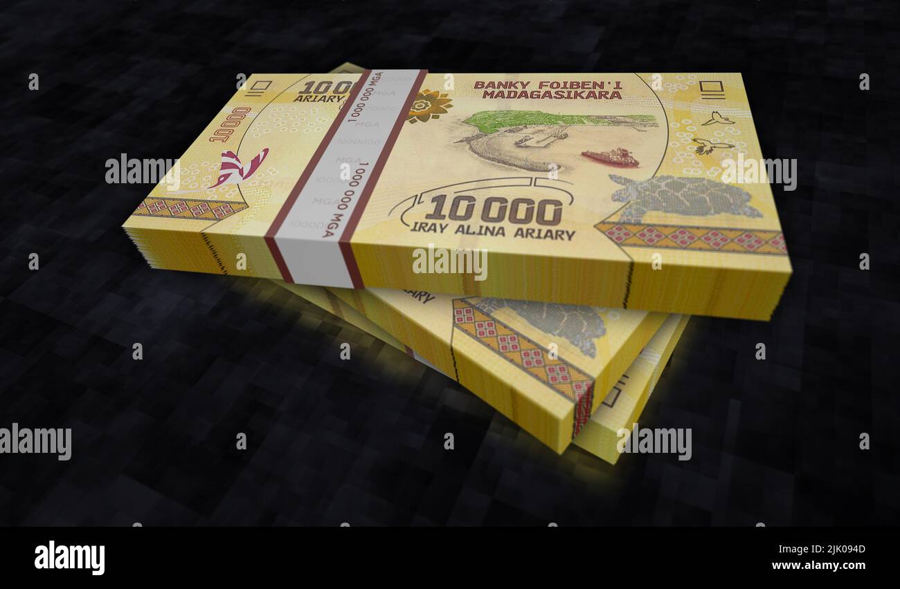 Malagasy Ariary money pack 3d illustration. MGA banknote bundle stacks. Concept of finance, cash, economy crisis, business success, recession, bank, t Stock Photo