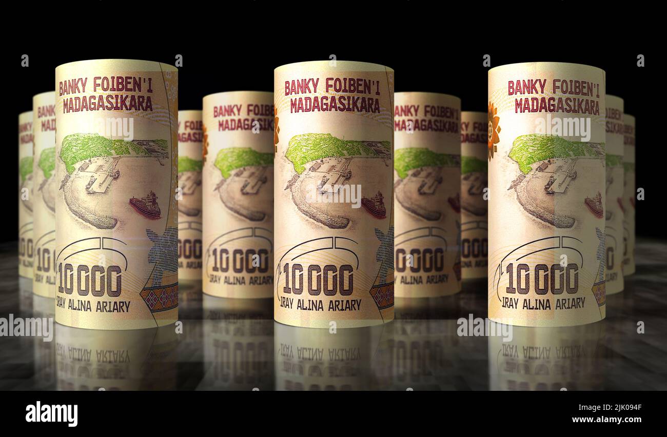 Malagasy Ariary money roll 3d illustration. MGA banknote rolled. Concept of finance, cash, economy crisis, business success, recession, bank, tax and Stock Photo