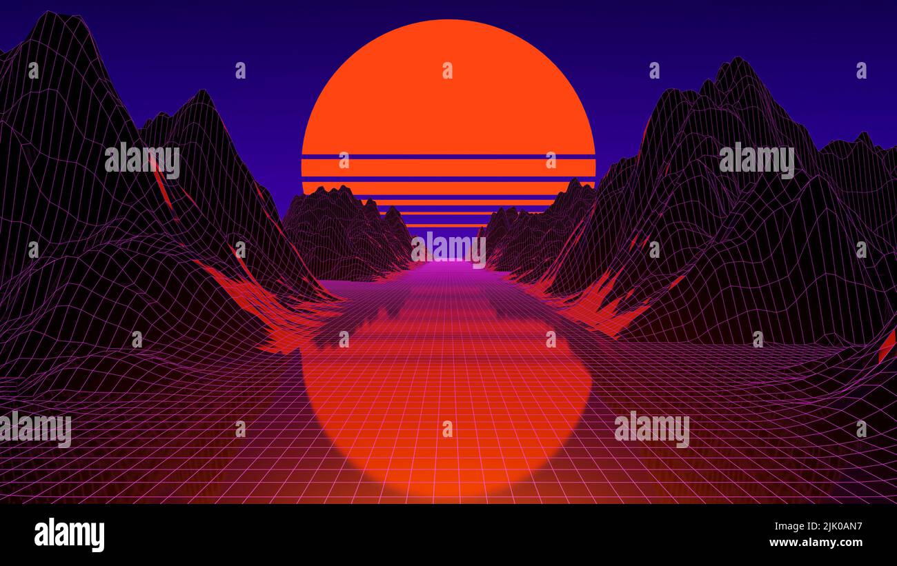 3d neon futuristic landscape with grid and mountains. Synthwave, cyberpunk, 80s game concept background. . High quality 3d illustration Stock Photo