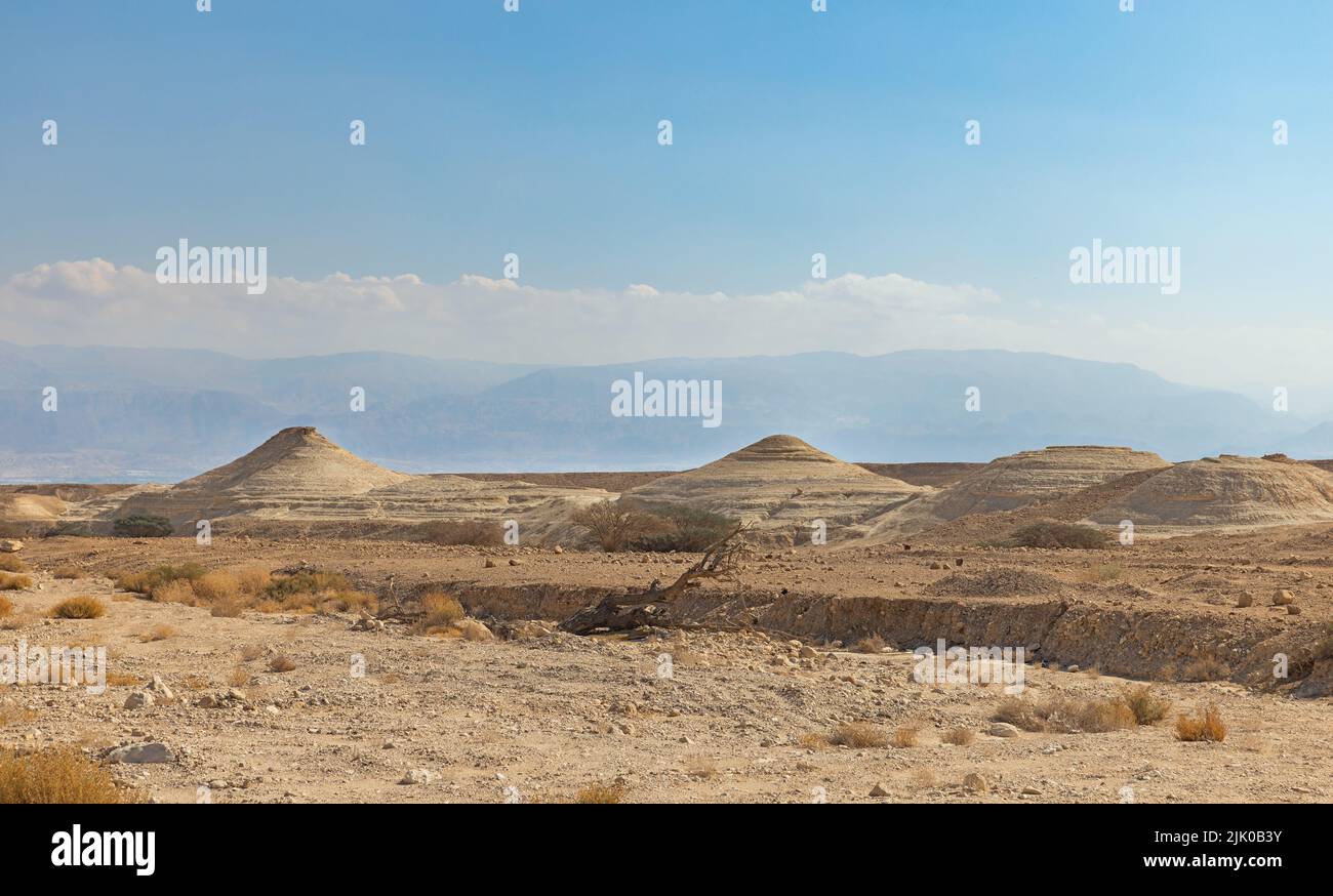 Landscape in the desert on the border of Israel with Jordan by the Dead Sea Stock Photo