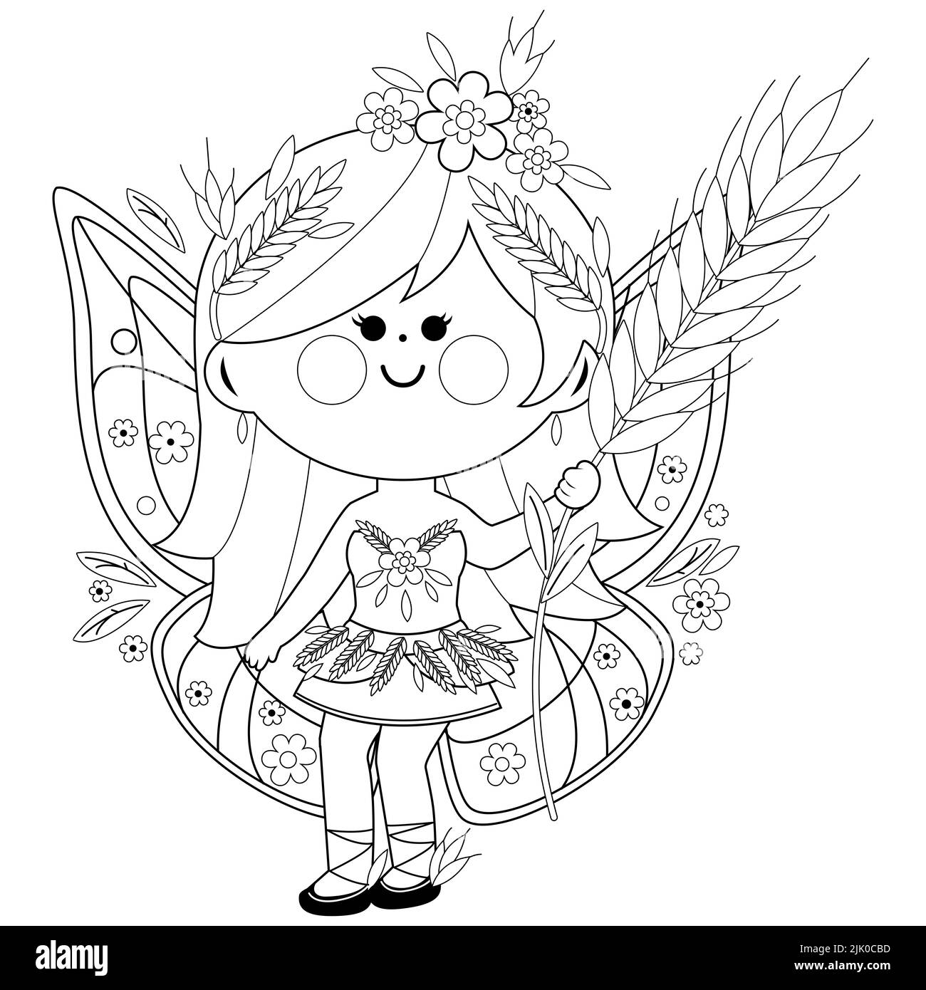 A beautiful summer fairy girl. Black and white coloring page Stock Photo