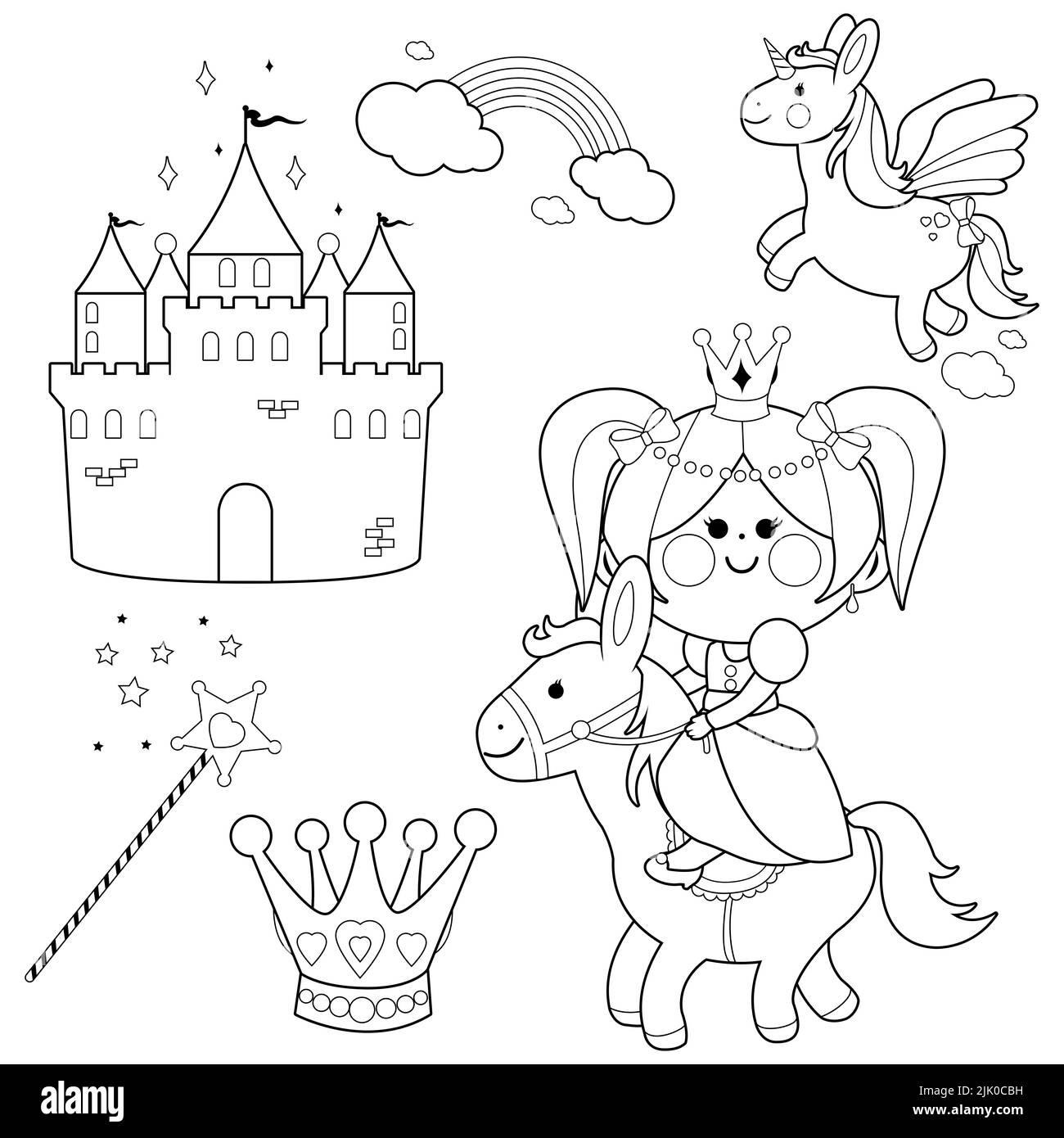 Pretty fairy princess riding a horse, a castle and a unicorn. Black and white coloring page Stock Photo