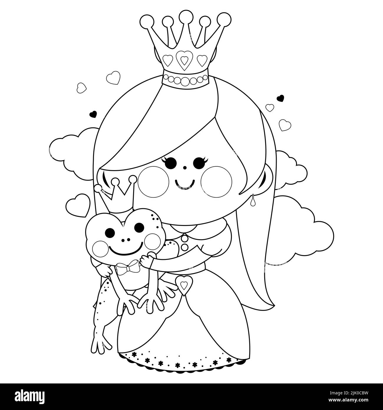Beautiful princess holding a magical frog. Black and white coloring page Stock Photo