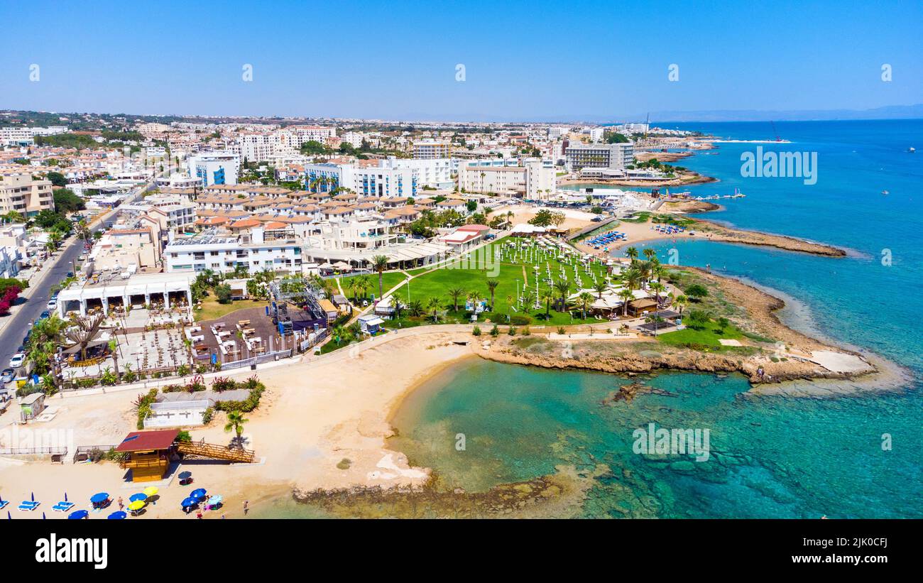 Aerial bird's eye view of Pernera beach in Protaras, Paralimni ...