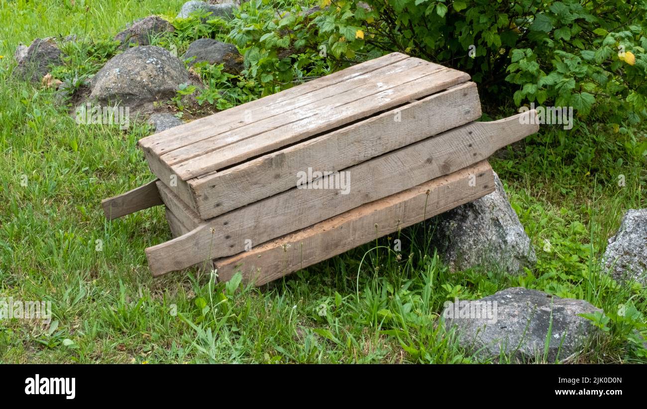 Empty wooden crates or box for fruits and vegetables. Stock Photo