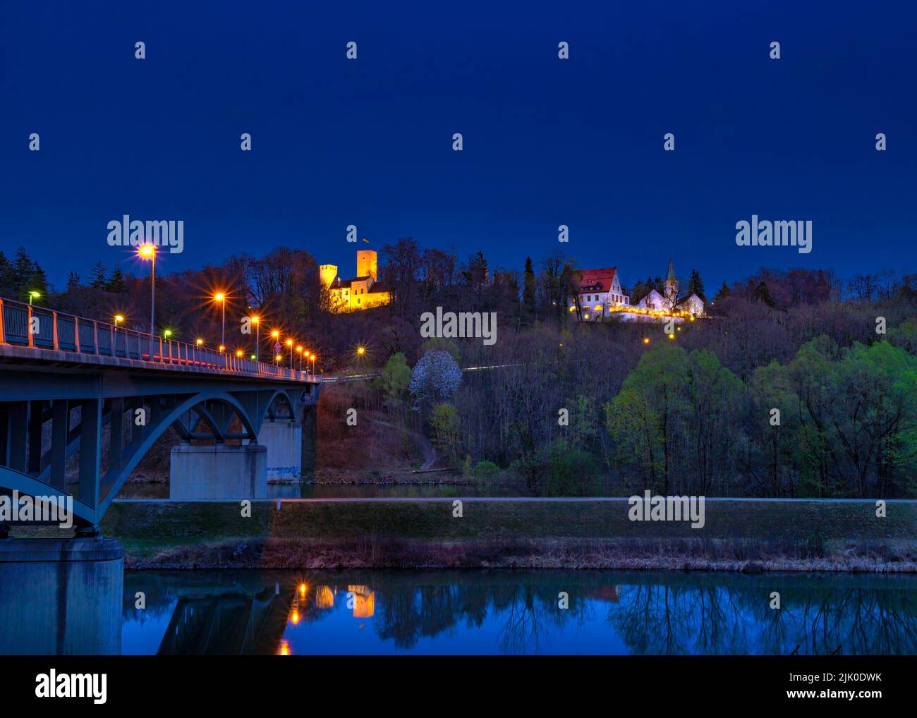 View of Grünwald with Grünwald Castle and Grünwald Bridge at night, Isar Valley, Grünwald, district of Munich, Upper Bavaria, Bavaria, Germany, Europe Stock Photo