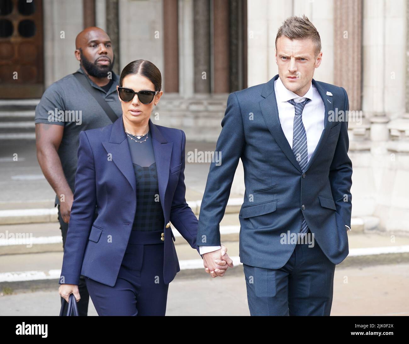 File photo dated 17/5/2022 of Rebekah and Jamie Vardy leaving the Royal Courts Of Justice, London. Rebekah Vardy and Coleen Rooney are due to find out who has won their High Court libel battle in the "Wagatha Christie" case. In a viral social media post in October 2019, Mrs Rooney, 36, said she had carried out a "sting operation" and accused Mrs Vardy, 40, of leaking "false stories" about her private life to the press. Issue date: Friday July 29, 2022. Stock Photo