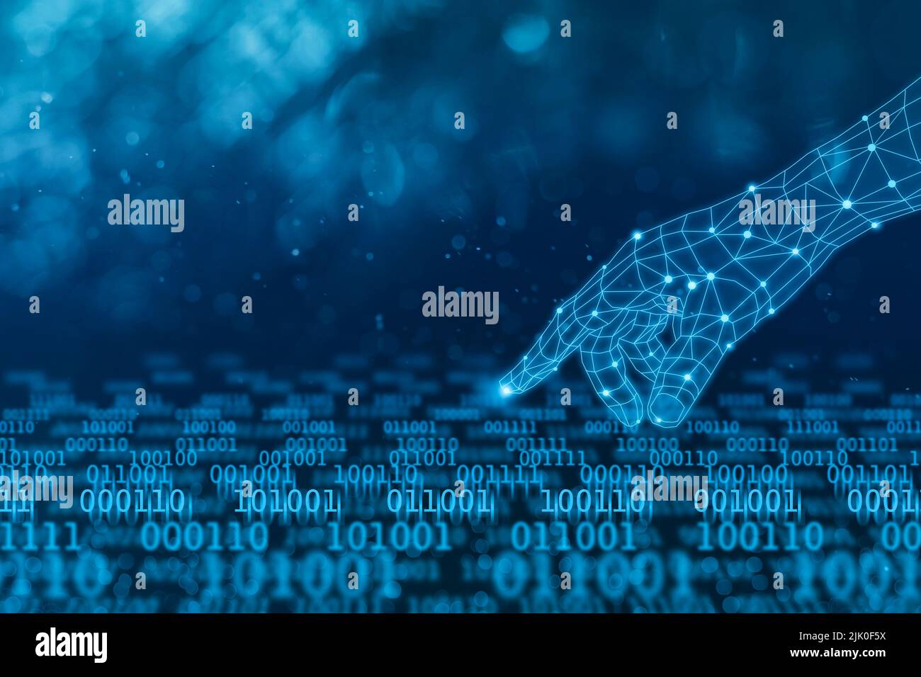 Digital hand touching binary data flow in dark blue background, abstract technology concept Stock Photo