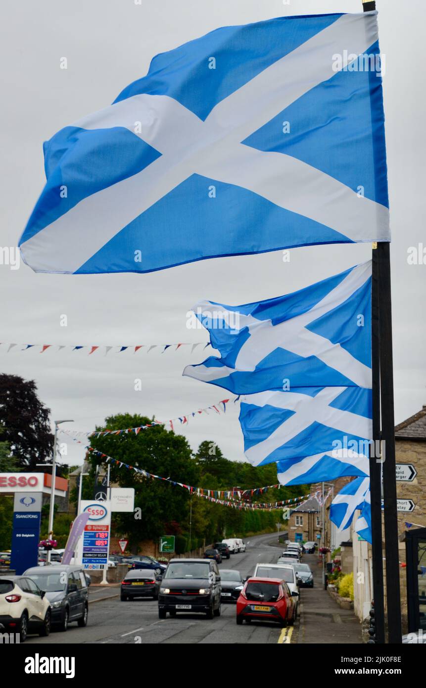 saltire flags of scotland in coldstream scotland in summer 2022 UK Stock Photo