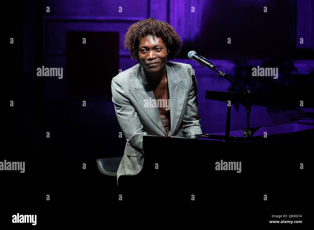 ITALY, MONFORTE D’ALBA, JULY 28TH 2022: The British poet, vocalist, composer, musician and actor Benjamin Clementine performing live on stage at the Monfortinjazz festival 2022. Stock Photo