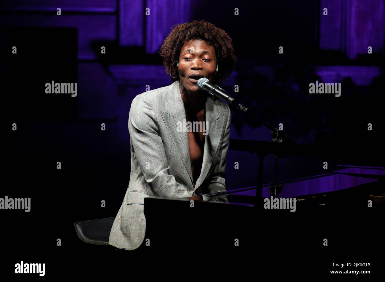 ITALY, MONFORTE D’ALBA, JULY 28TH 2022: The British poet, vocalist, composer, musician and actor Benjamin Clementine performing live on stage at the Monfortinjazz festival 2022. Stock Photo