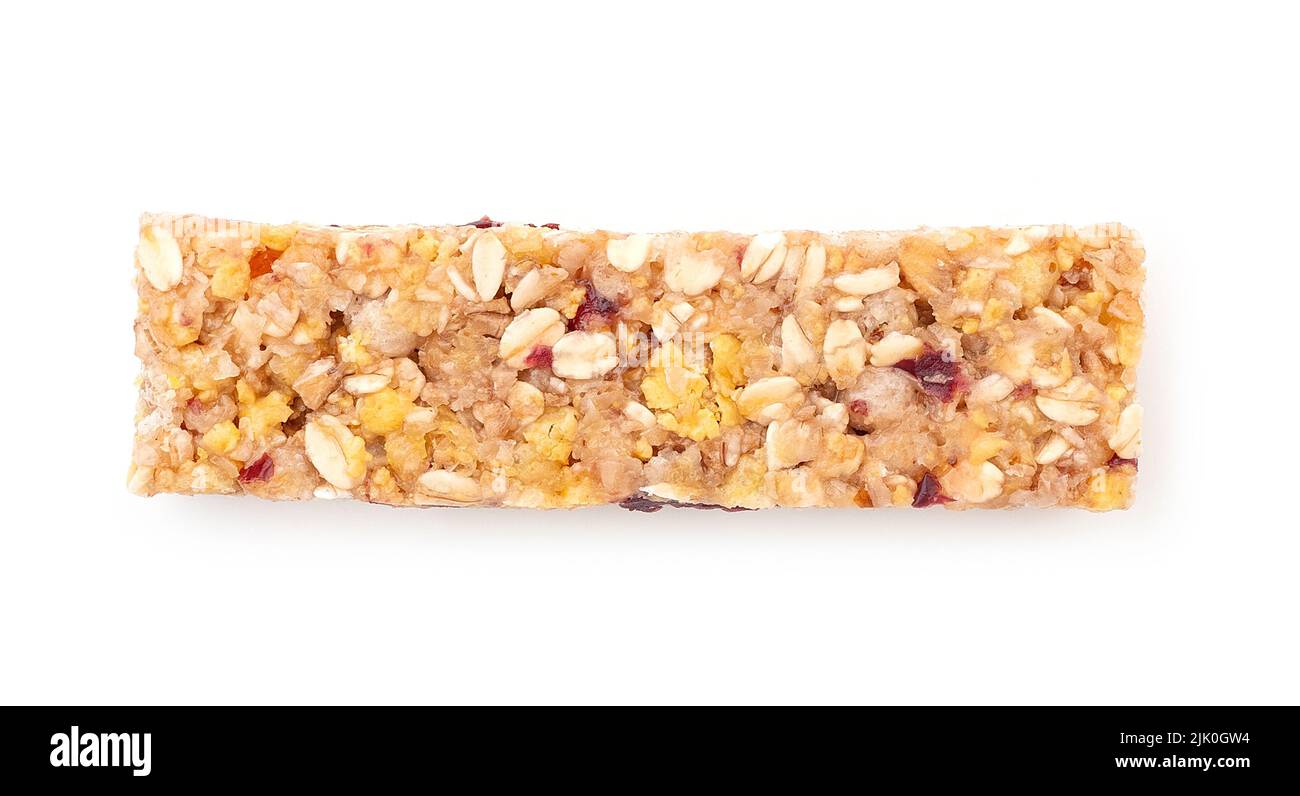 Sweet muesli bar with honey, berry and nuts isolated on white, top view Stock Photo