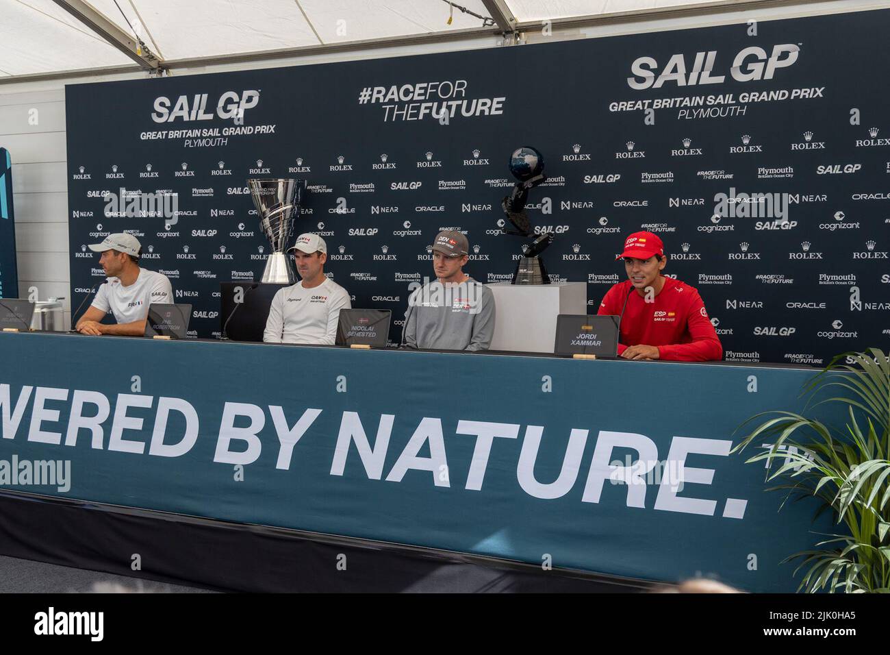 SailGP, Plymouth, UK. 29th July, 2022. Press Conference - Drivers Quentin Delapierre, France, Phil Robertson, Canada, Nicolai Sehested, Denmark, Jordi Xammar, Spain. Friday is practice day for the Great British Sail Grand Prix, as Britain's Ocean City hosts the third event of Season 3 as the most competitive racing on water. The event returns to Plymouth on 30-31 July. Credit: Julian Kemp/Alamy Live News Stock Photo