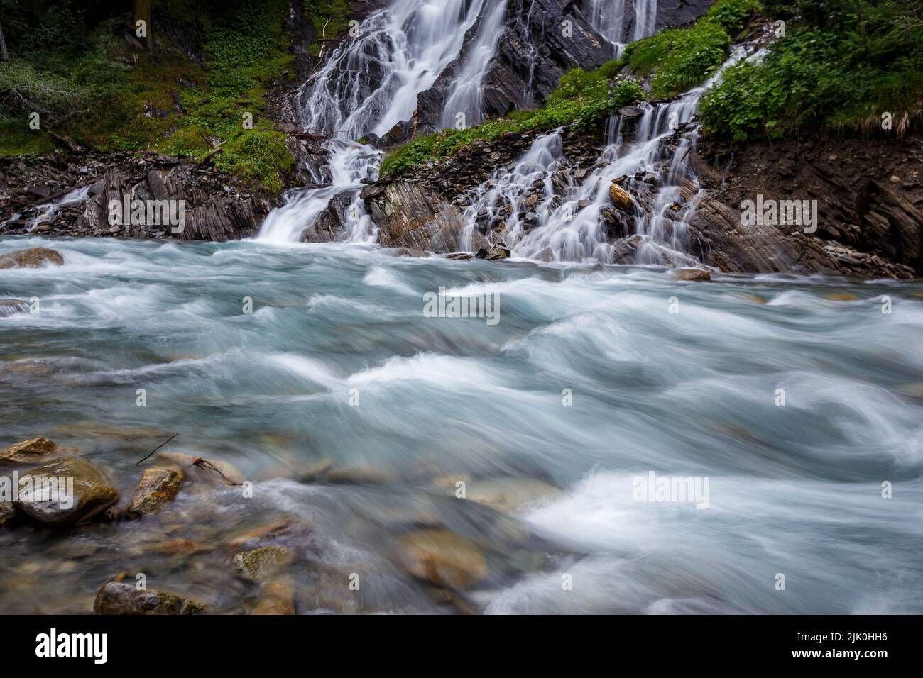 Haslacher waterfall (Schleierfall, Haslacherfall). Haslach. Kalser Tal valley. Austrian Alps. Europe Stock Photo