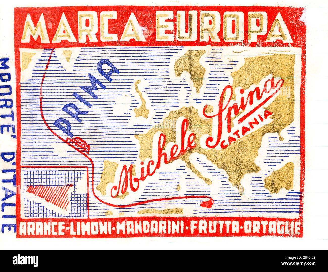 Fresh fruit tissue paper wrapper, from mid-1950s England, with grower's trade mark. Michele Spina Catania, Italy. Map of Europe. Stock Photo