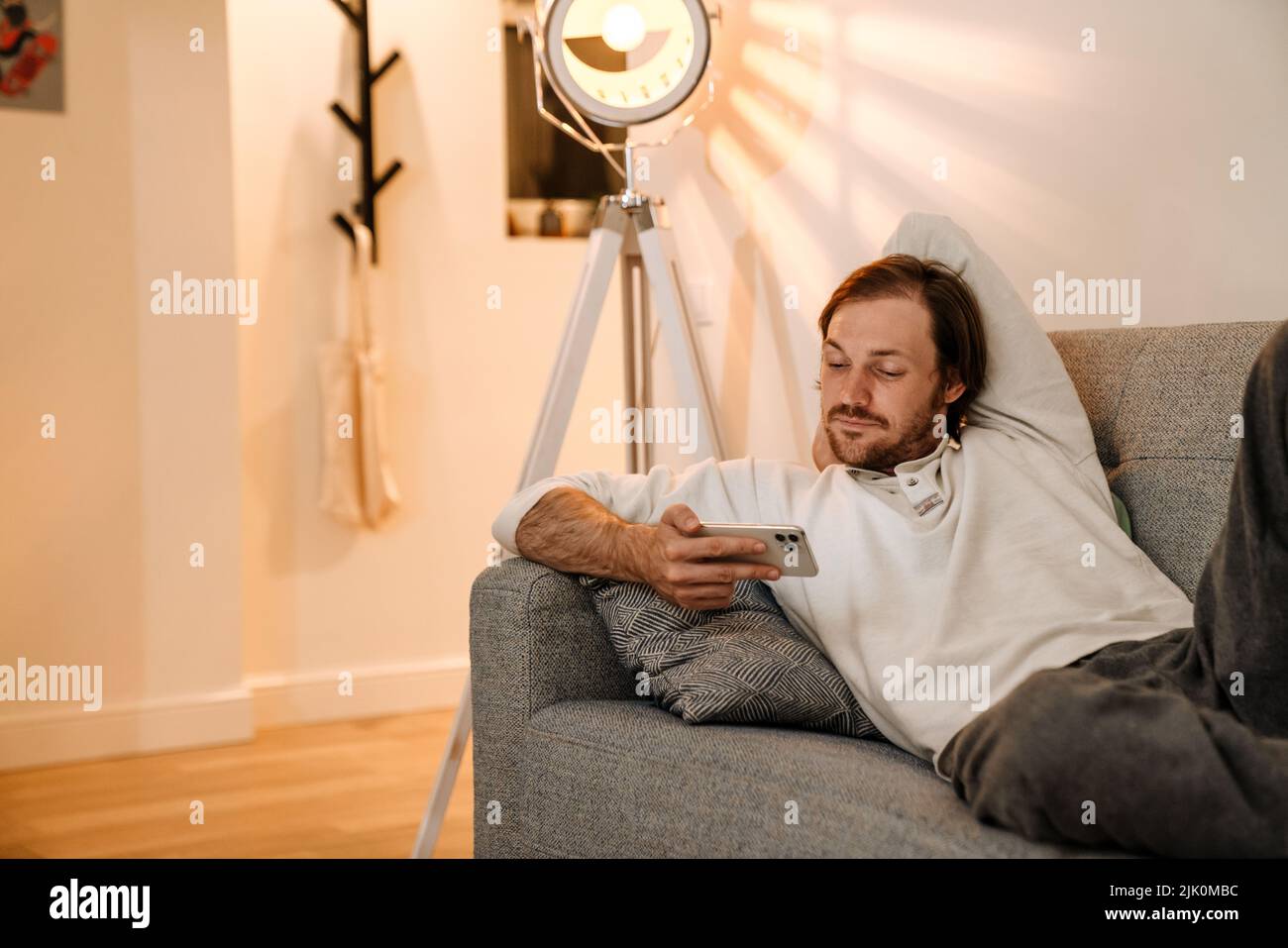 Ginger bristle man using mobile phone while resting on couch at home Stock Photo