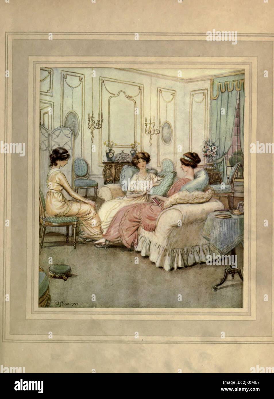 The girls are alone with their tragic thoughts (Act I at Loam House, Mayfair) The Admirable Crichton is a comic stage play written in 1902 by J. M. Barrie. Illustrated by Hugh Thomson RI (1 June 1860 – 7 May 1920) was an Irish Illustrator born at Coleraine near Derry. He is best known for his pen-and-ink illustrations of works by authors such as Jane Austen, Charles Dickens, and J. M. Barrie. Stock Photo