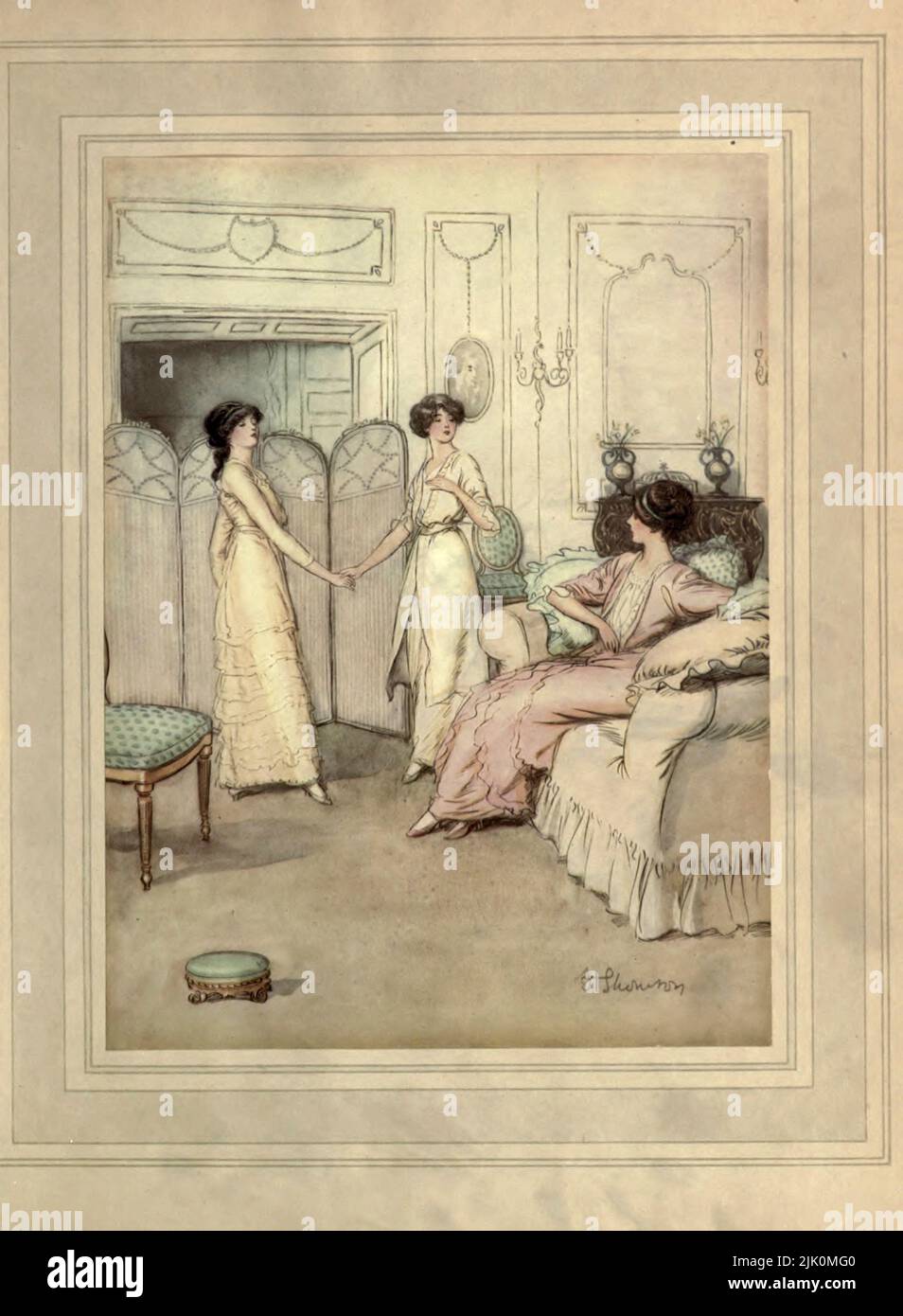 Catherine: 'Mary, you toad' (Act I at Loam House, Mayfair) The Admirable Crichton is a comic stage play written in 1902 by J. M. Barrie. Illustrated by Hugh Thomson RI (1 June 1860 – 7 May 1920) was an Irish Illustrator born at Coleraine near Derry. He is best known for his pen-and-ink illustrations of works by authors such as Jane Austen, Charles Dickens, and J. M. Barrie. Stock Photo
