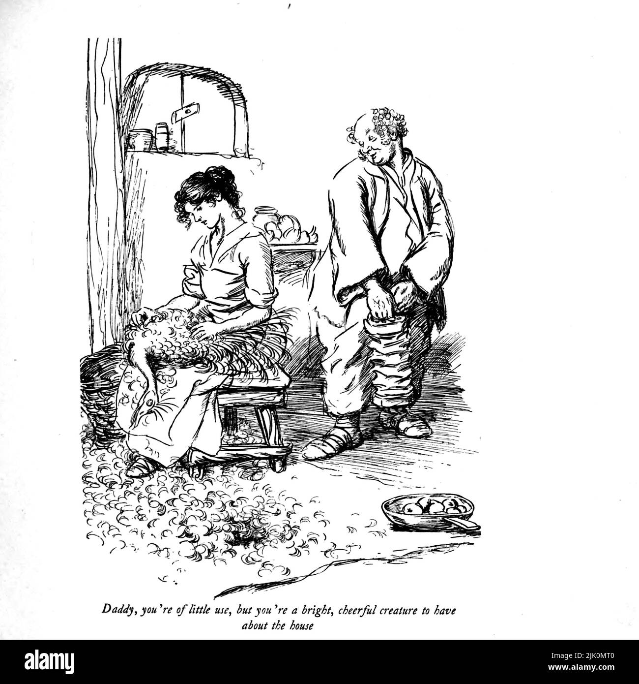 Daddy, you're of little use, but you're a bright, cheerful creature to have about the house The Admirable Crichton is a comic stage play written in 1902 by J. M. Barrie. Illustrated by Hugh Thomson RI (1 June 1860 – 7 May 1920) was an Irish Illustrator born at Coleraine near Derry. He is best known for his pen-and-ink illustrations of works by authors such as Jane Austen, Charles Dickens, and J. M. Barrie. Published 1914 London, Hodder & Stoughton Stock Photo