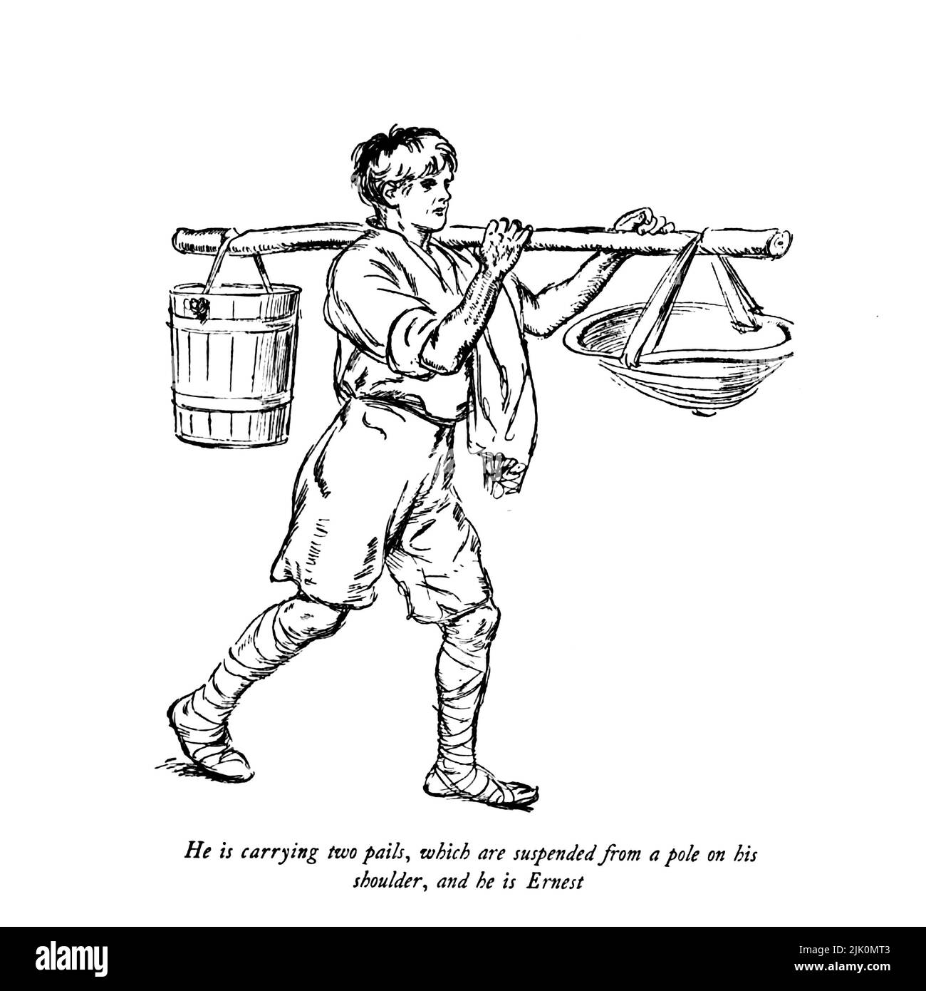 He is carrying two pails, which are suspended from a pole on his shoulder, and he is Ernest The Admirable Crichton is a comic stage play written in 1902 by J. M. Barrie. Illustrated by Hugh Thomson RI (1 June 1860 – 7 May 1920) was an Irish Illustrator born at Coleraine near Derry. He is best known for his pen-and-ink illustrations of works by authors such as Jane Austen, Charles Dickens, and J. M. Barrie. Published 1914 London, Hodder & Stoughton Stock Photo