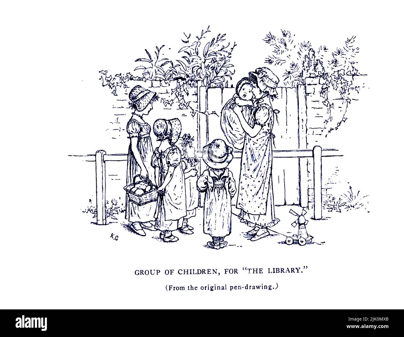 Group of Children. From the original pen drawing by Kate Greenaway for The Library 1881 from the book ' De libris : prose & verse ' by Austin Dobson, Publication Date 1908 Publisher London : Macmillan Stock Photo