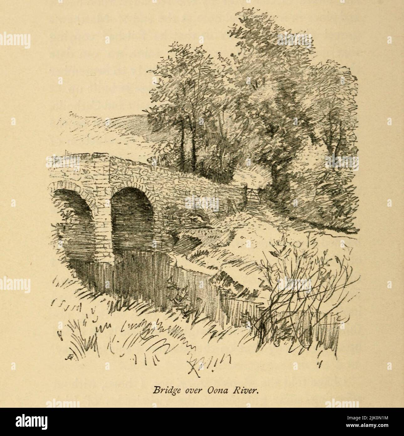 Bridge over Oona River. from the guidebook ' THE FAIR HILLS OF IRELAND ' By STEPHEN GWYNN WITH ILLUSTRATIONS BY HUGH THOMSON Published  1906 Dublin: MAUNSEL AND CO., Limited London: MACMILLAN AND CO., Limited NEW YORK : THE MACMILLAN COMPANY Stock Photo