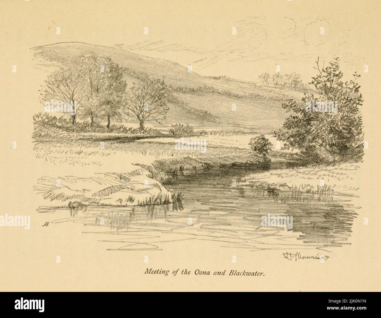 Meeting of the Oona and Blackwater rivers from the guidebook ' THE FAIR HILLS OF IRELAND ' By STEPHEN GWYNN WITH ILLUSTRATIONS BY HUGH THOMSON Published  1906 Dublin: MAUNSEL AND CO., Limited London: MACMILLAN AND CO., Limited NEW YORK : THE MACMILLAN COMPANY Stock Photo