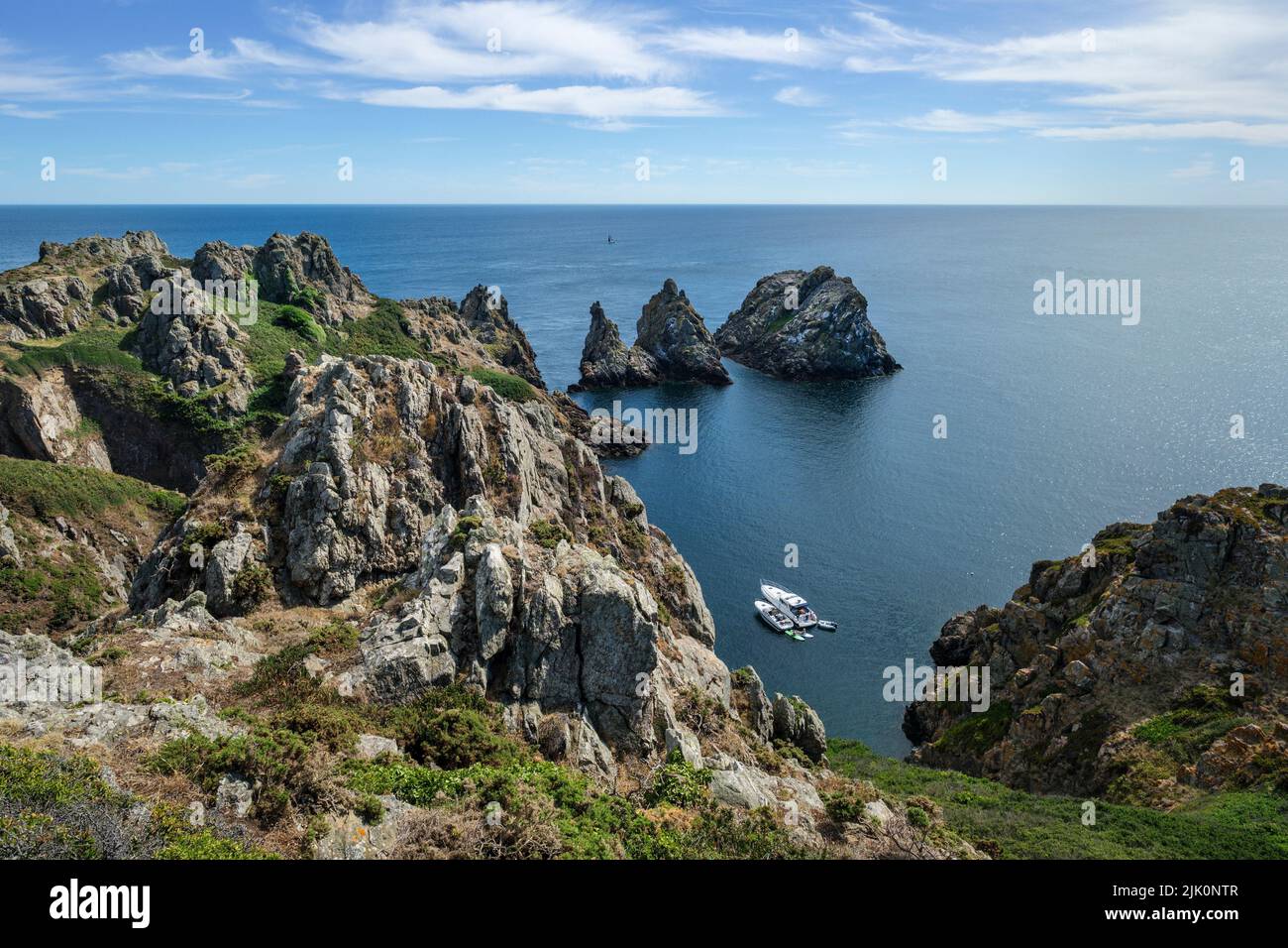 Pleasure boats moored at Jerbourg Point, Guernsey Stock Photo