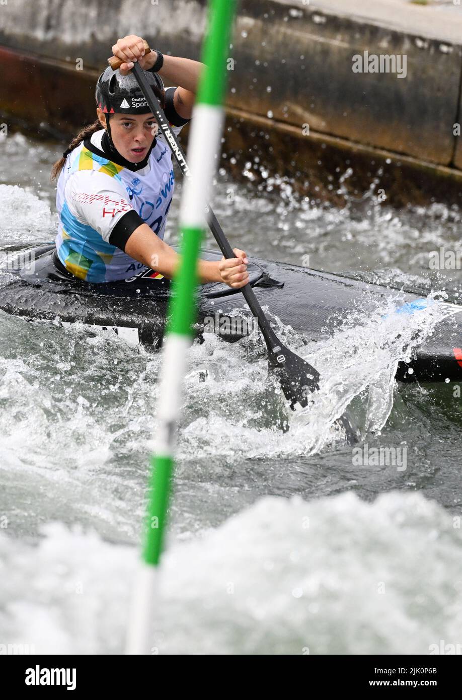 Augsburg, Germany. 29th July, 2022. Canoe/Slalom: World Championship, canoe single, heats, women. Germany's Nele Bayn starts in the 1st preliminary heat in the ice canal. Credit: Angelika Warmuth/dpa/Alamy Live News Stock Photo