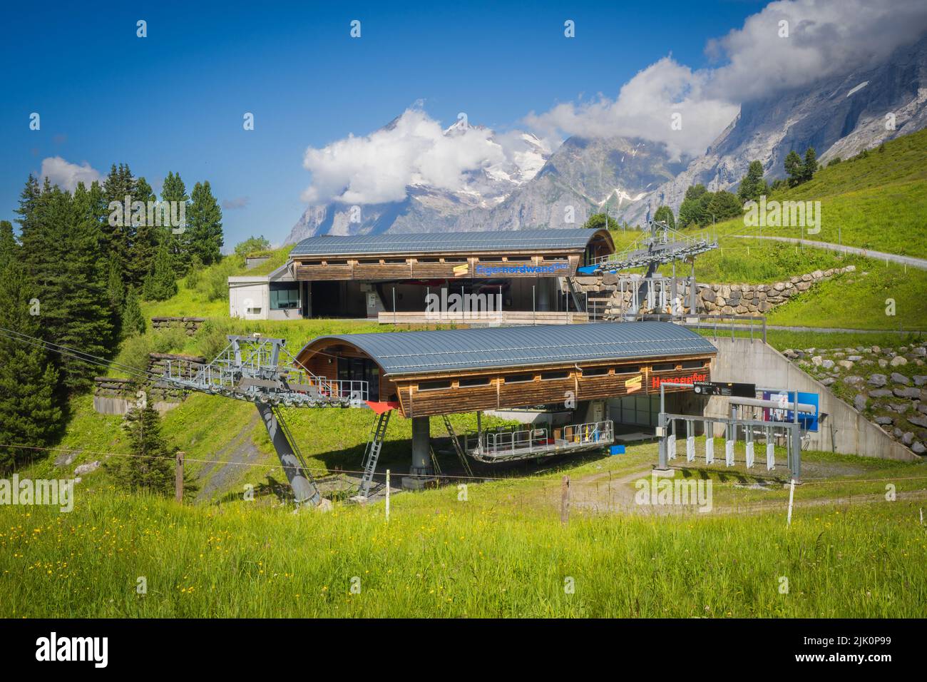Hiling to Wengen from Kleine Scheidegg in the Berneses Oberland of Switzerland Stock Photo