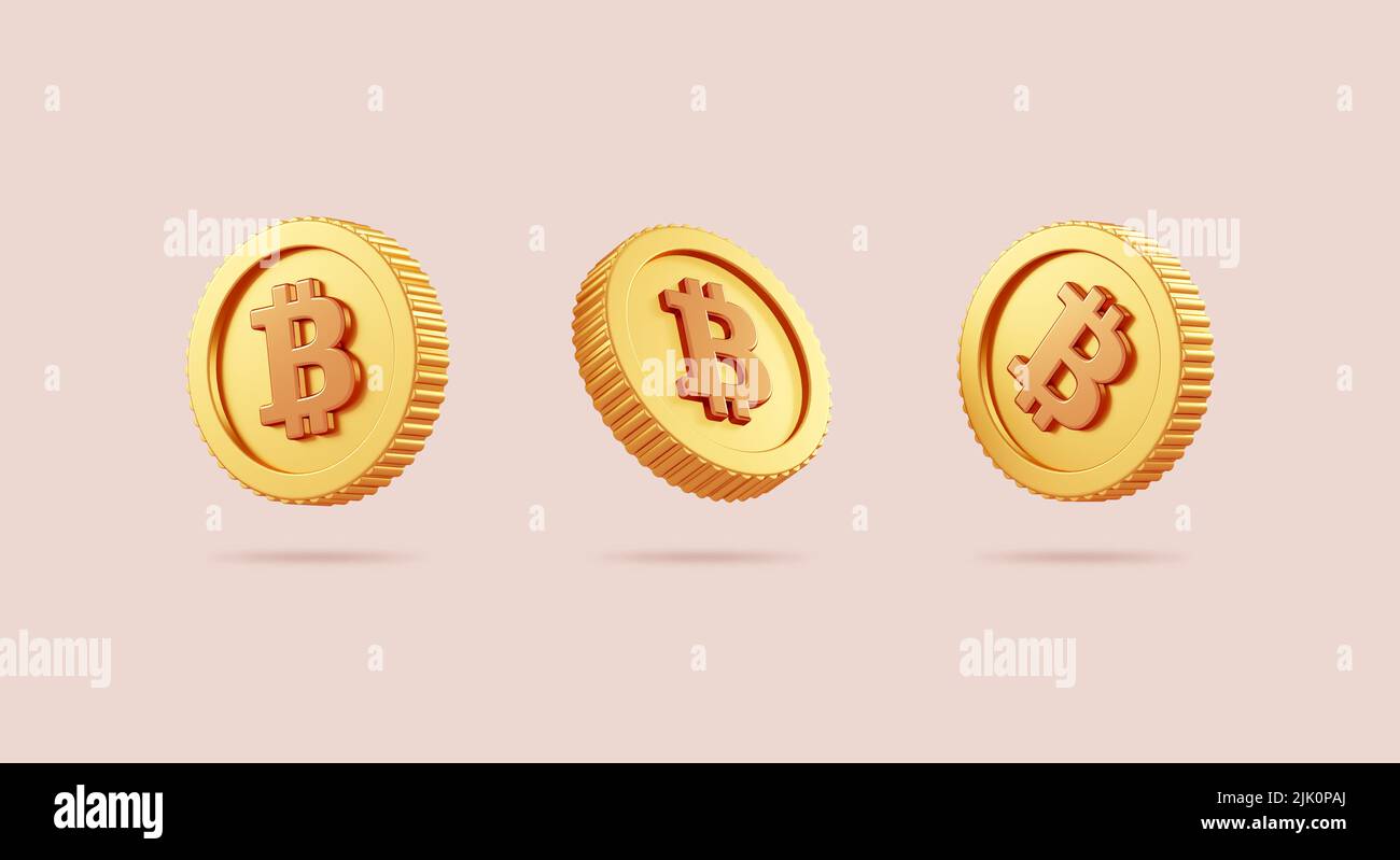 Various bitcoin BTC golden coins isolated on neutral background in 3D  cartoon illustration. Cryptocurrency, 2p2 exchange and blockchain  technology con Stock Photo - Alamy