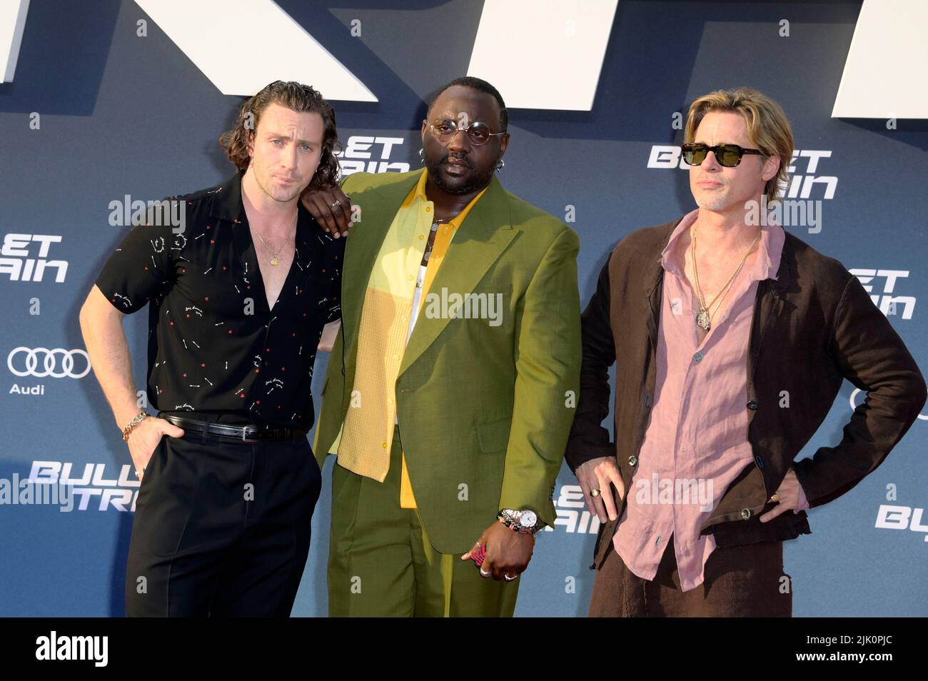Aaron Taylor-Johnson, Brian Tyree Henry and Brad Pitt attend the 'Bullet Train' Special Screening at Zoo Palast on July 19, 2022 in Berlin, Germany. Stock Photo