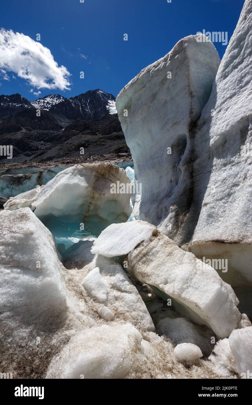 Pasterze glacier, ice blocks of terminal tongue of the glacier. Glockner Group. Austrian Alps. Europe. Stock Photo