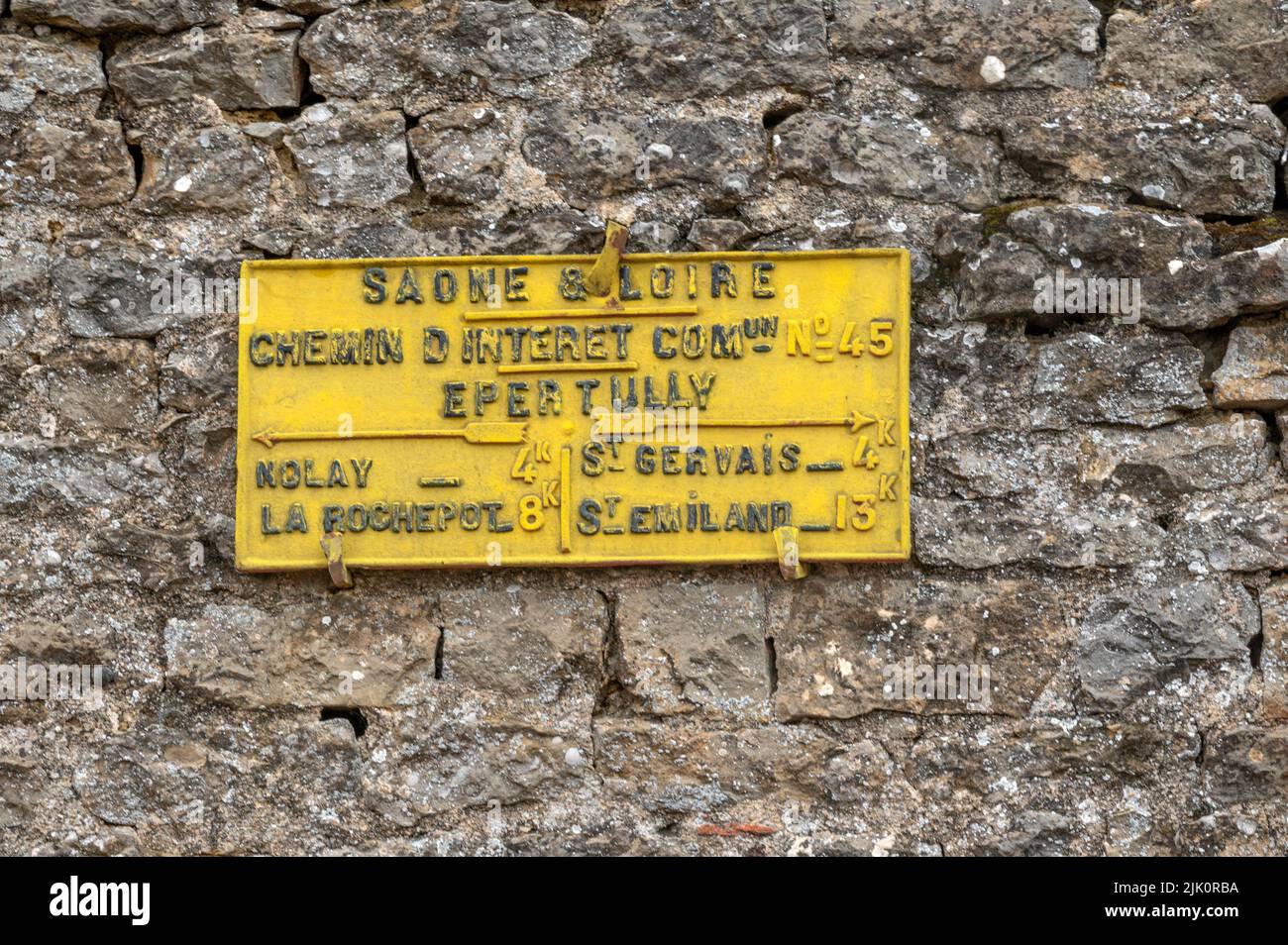 Historic French marker indicating distrances in the Saône-et-Loire departement Stock Photo