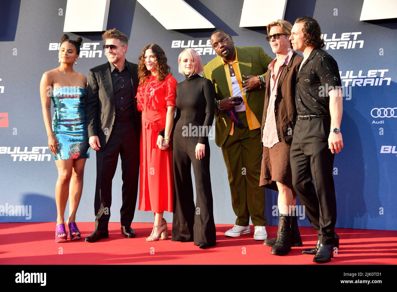 Zazie Beetz, David Leitch, Kelly McCormick, Joey King, Brian Tyree Henry, Brad Pitt and Aaron Taylor-Johnson attend the 'Bullet Train' Special Screening at Zoo Palast on July 19, 2022 in Berlin, Germany. Stock Photo