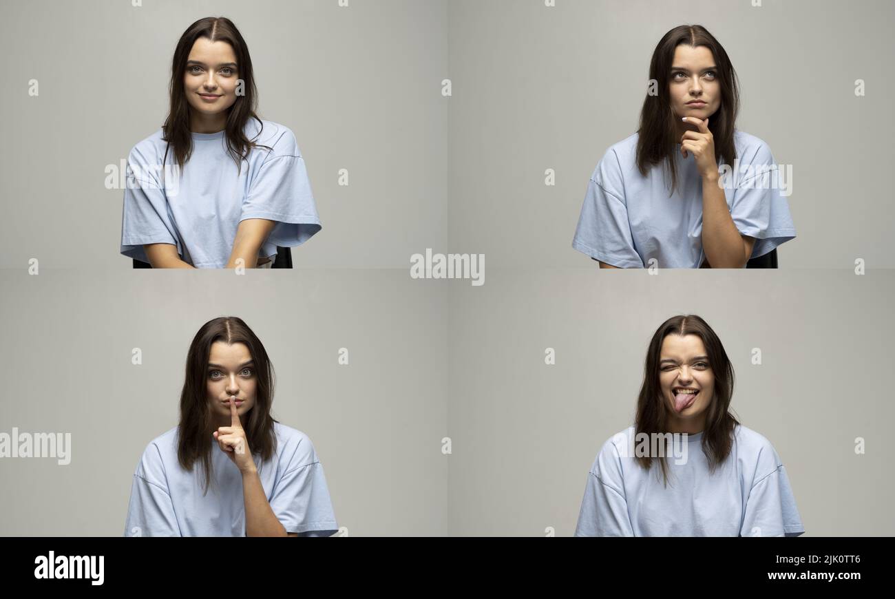 Set of young woman's portraits in blue t-shirt with different happy and sad emotions. Collage with four different emotions. Stock Photo