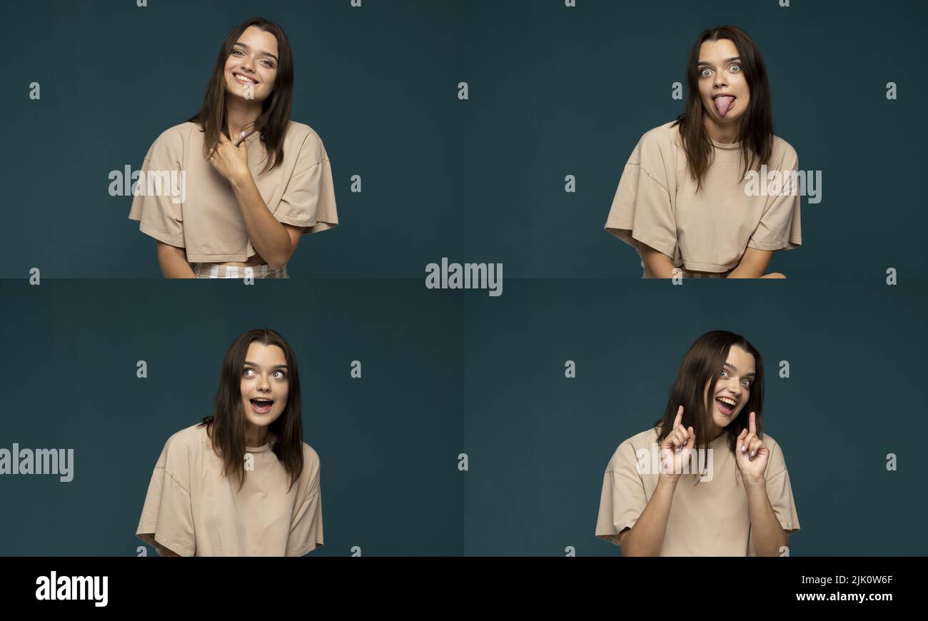 Set of young woman's portraits with different happy and sad emotions. Collage with four different emotions. Stock Photo