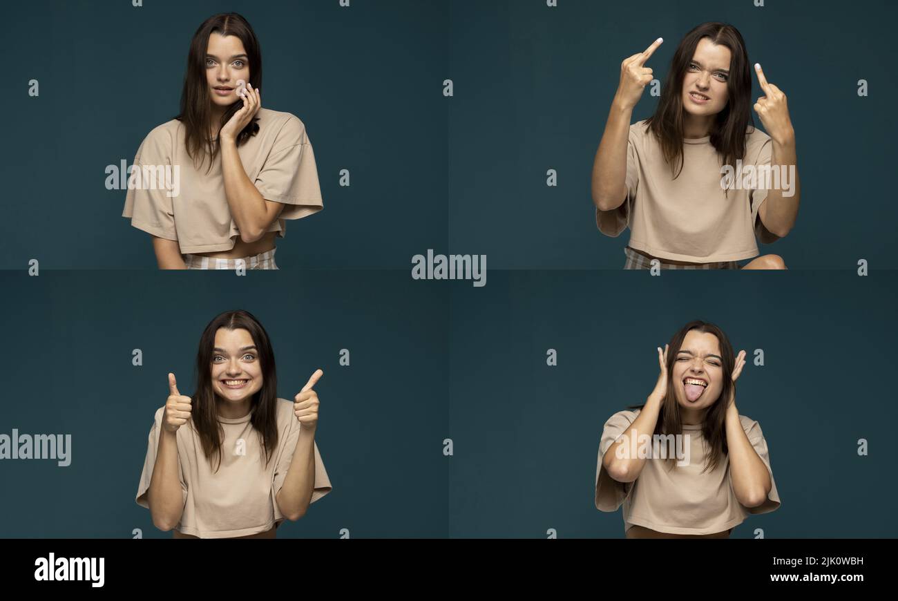 Collage with four different emotions in one young brunette woman in beige t-shirt on blue background. Set of young woman's portraits with different Stock Photo