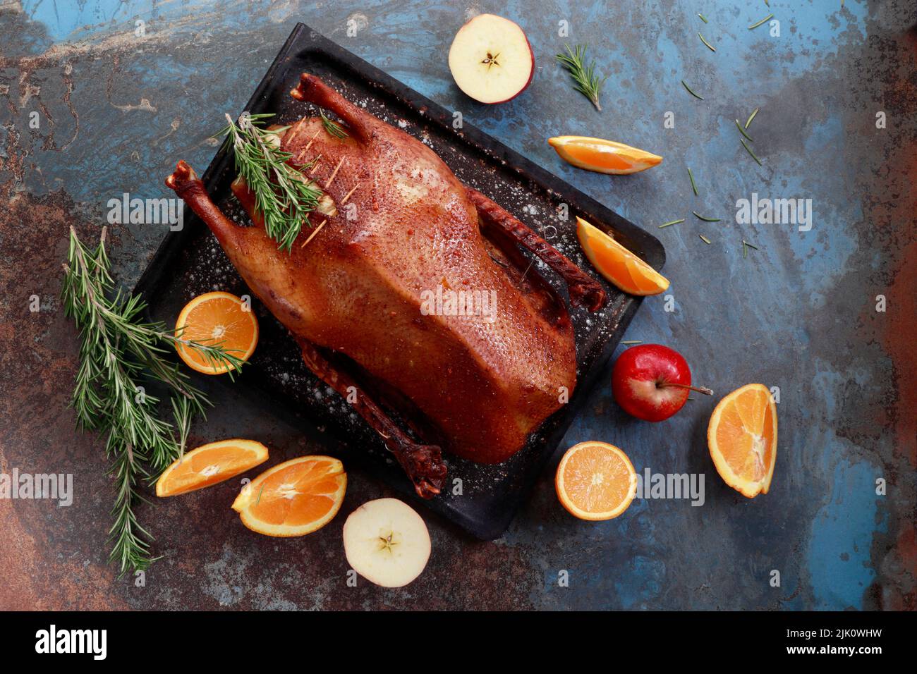 Baked goose stuffed with fruits Stock Photo - Alamy