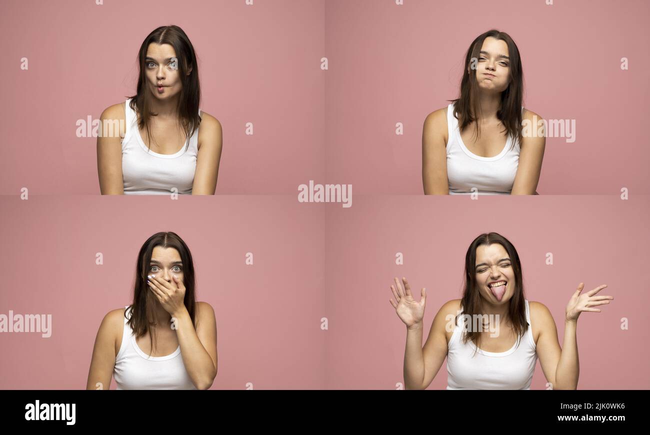 Set of young brunette woman's portraits in a white t-shirt with different happy and sad emotions. Collage with four different emotions. Stock Photo