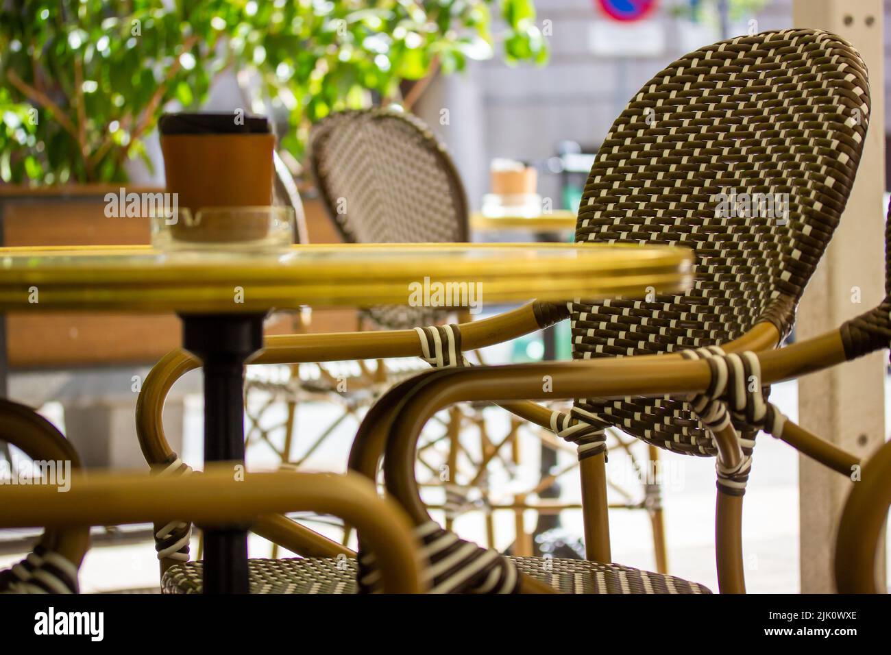 Empty Old Fashioned Cafe Restaurant Terrace In Summer Day Chairs And 