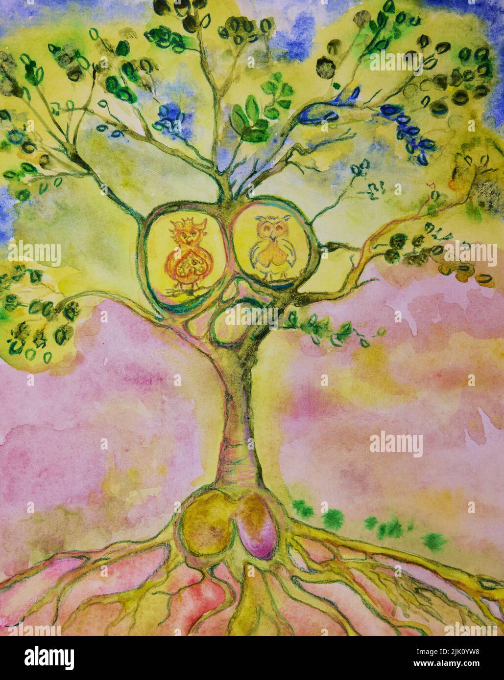 Tree of life with owls. The dabbing technique near the edges gives a soft focus effect due to the altered surface roughness of the paper. Stock Photo