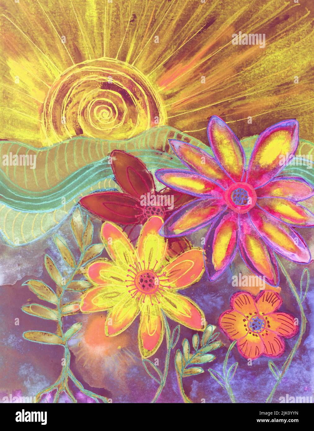 Sunrise with doodled landscape and flowers. The dabbing technique near the edges gives a soft focus effect due to the altered surface roughness of the Stock Photo